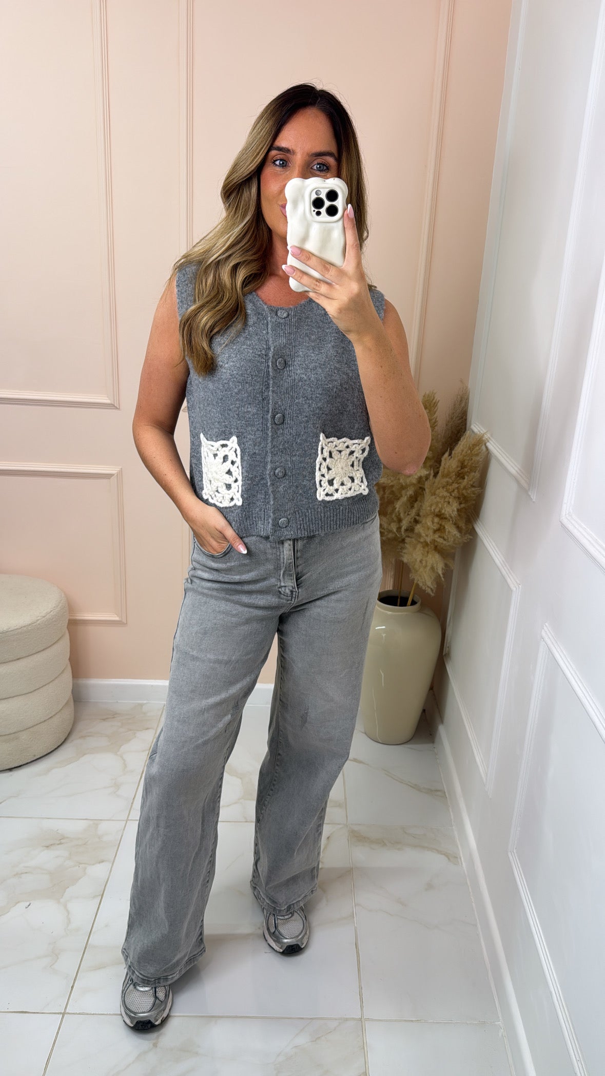 LAUREN grey crochet pocket knit tank top