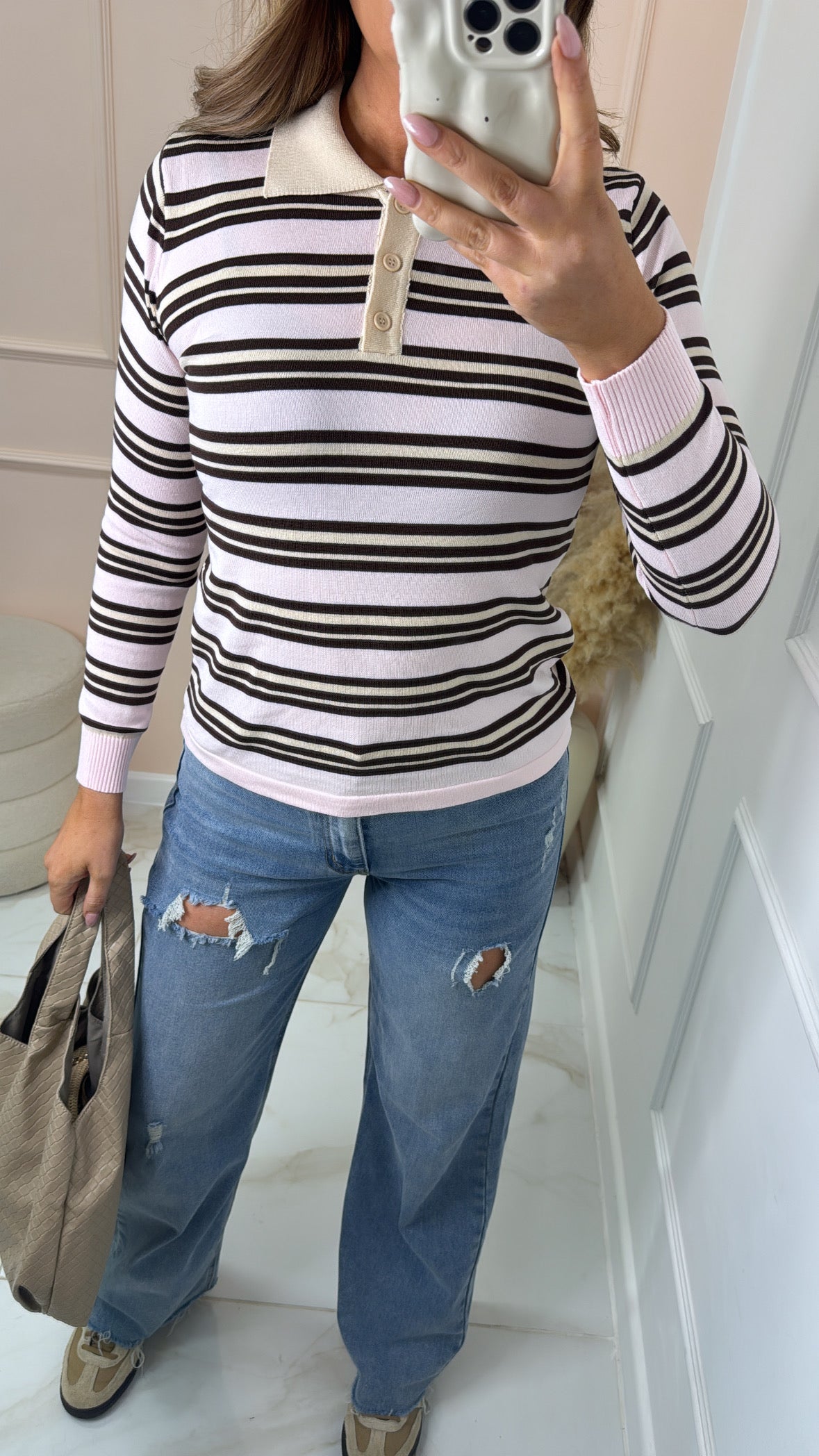 ALICE pink striped collared knit jumper
