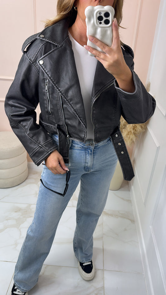 UNA charcoal faux leather cropped biker jacket