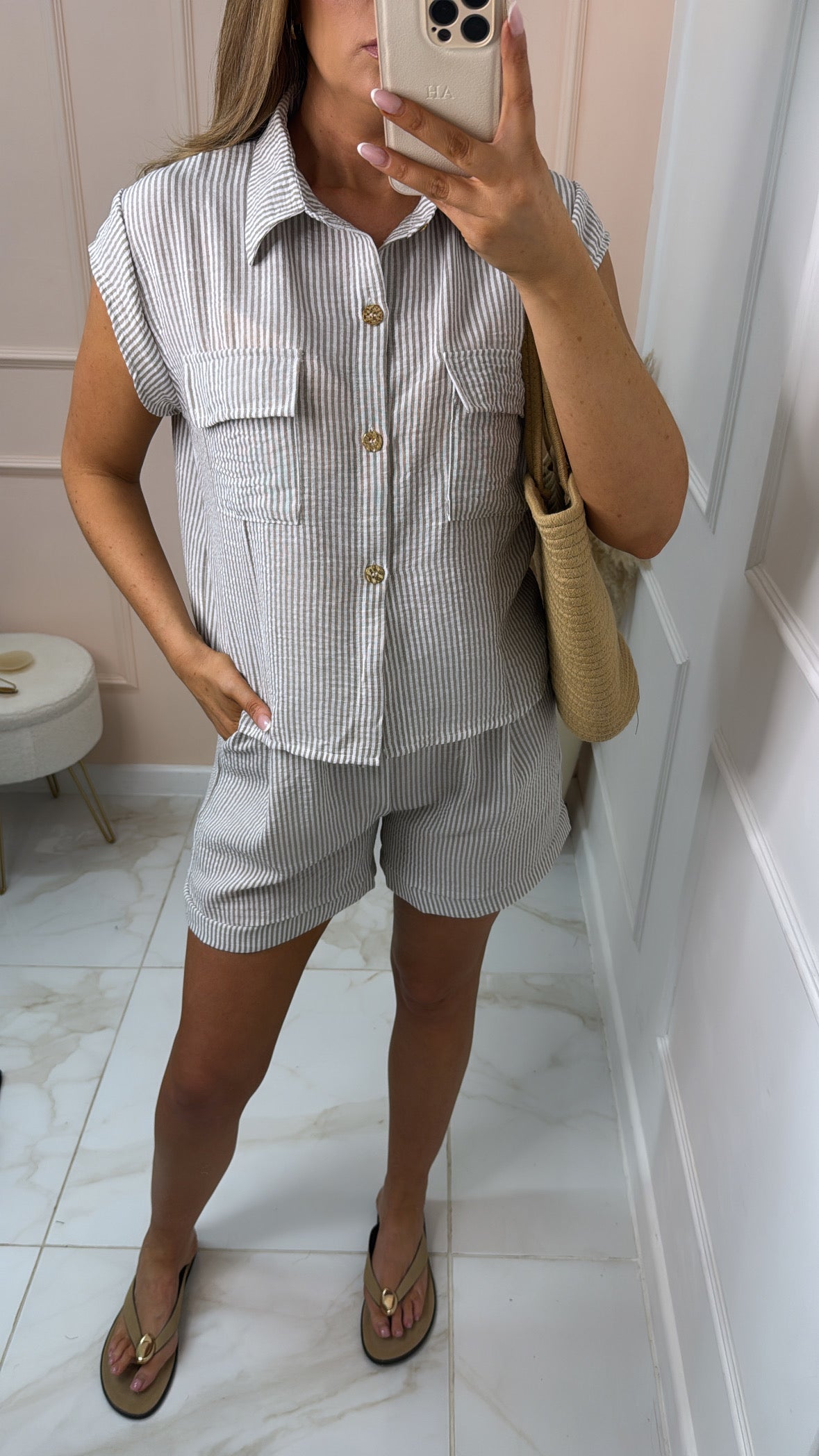 KLAUDIA taupe pinstripe short set