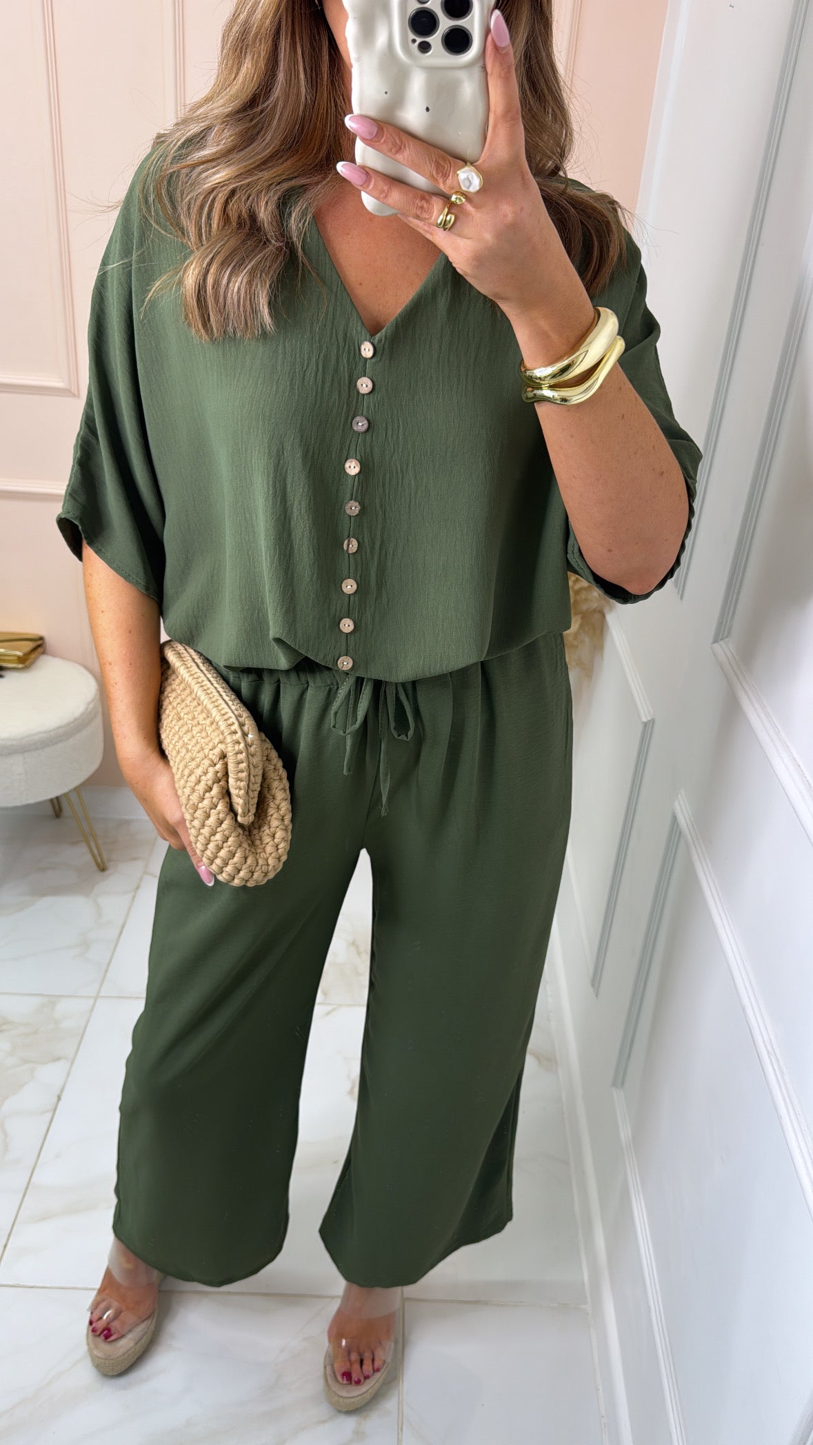 LUNA khaki button tie front trouser set
