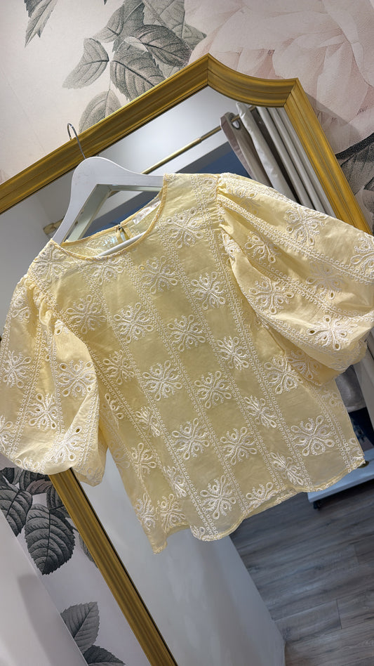 JONIE lemon embroidered puff sleeve top