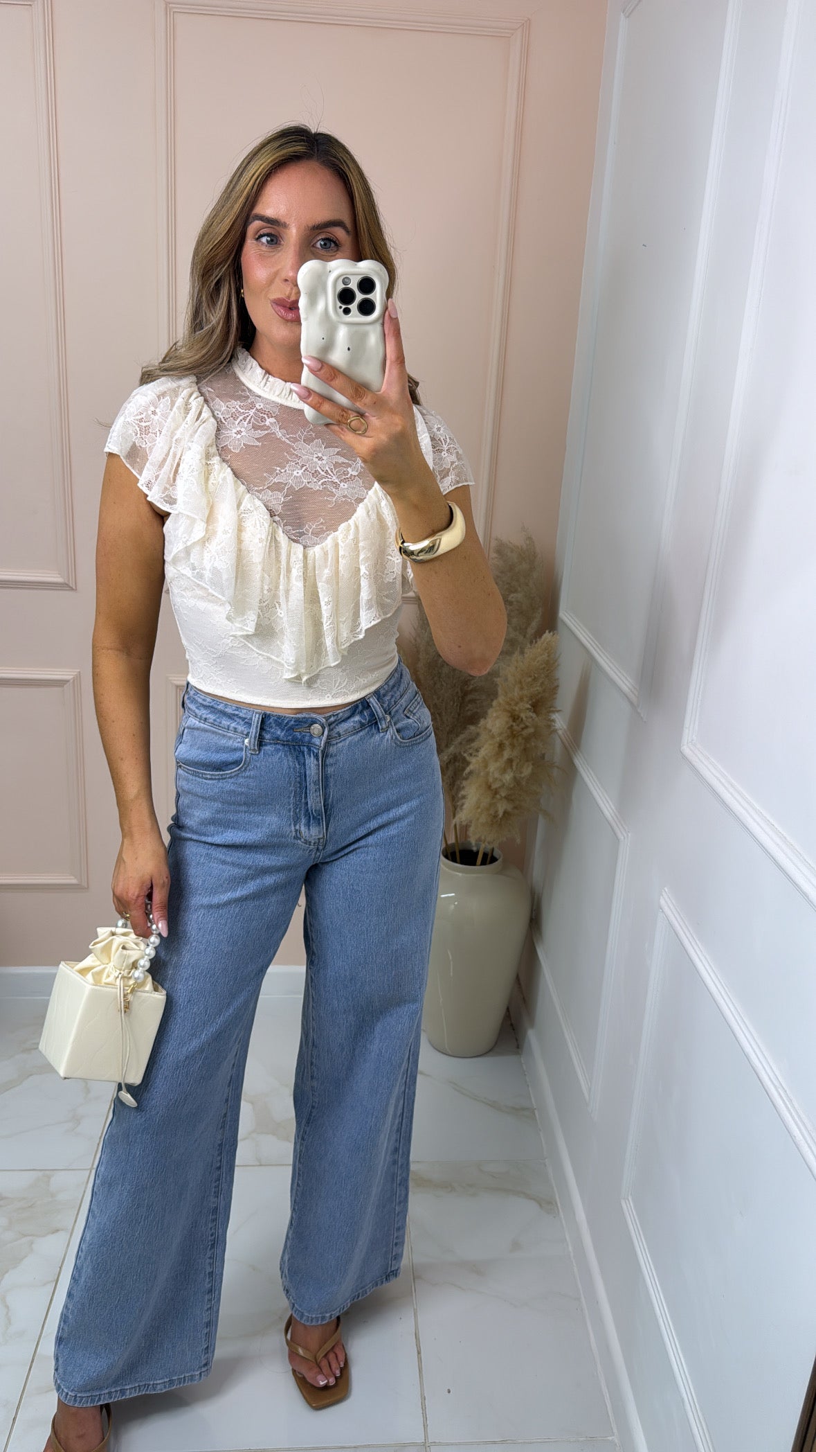 KAYLEE cream lace frill detail top