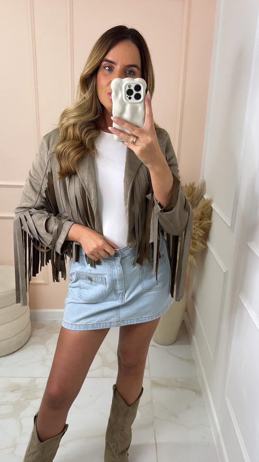 HAZEL taupe faux suede tassel jacket