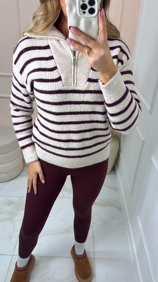 LULU burgundy stripe half zip knit sweater