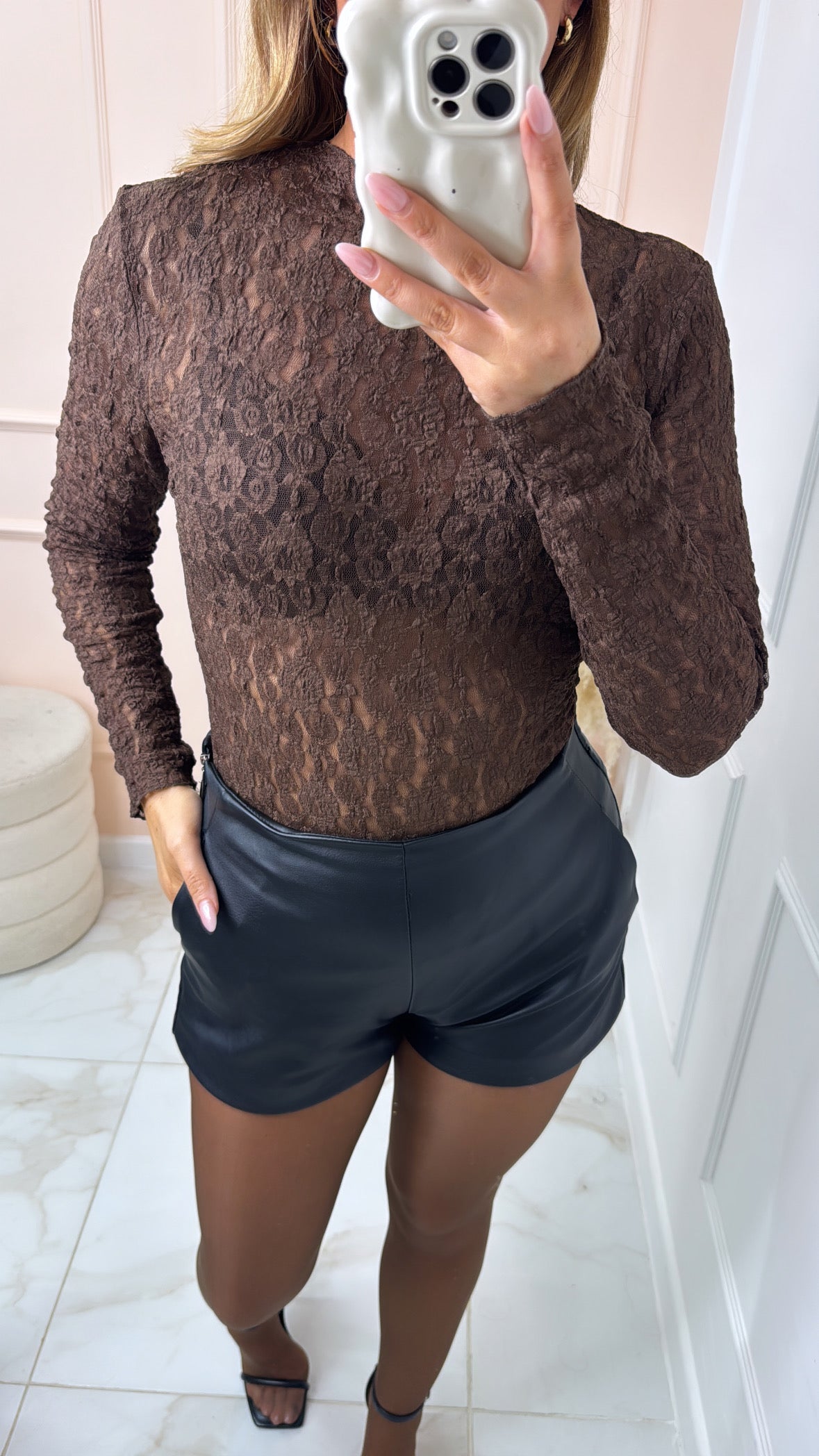 LILLIE brown lace open back bow bodysuit