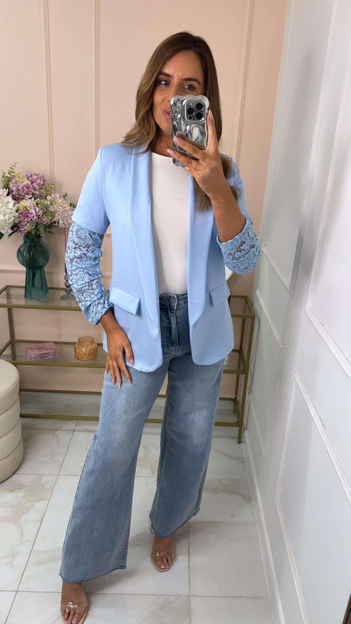 SCARLETT powder blue lace sleeve blazer