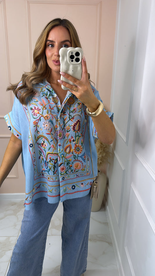 ELODIE blue floral embroidered boho shirt