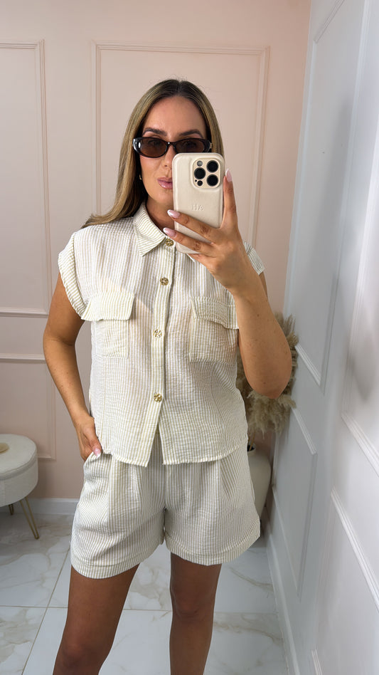 KLAUDIA beige pinstripe short set