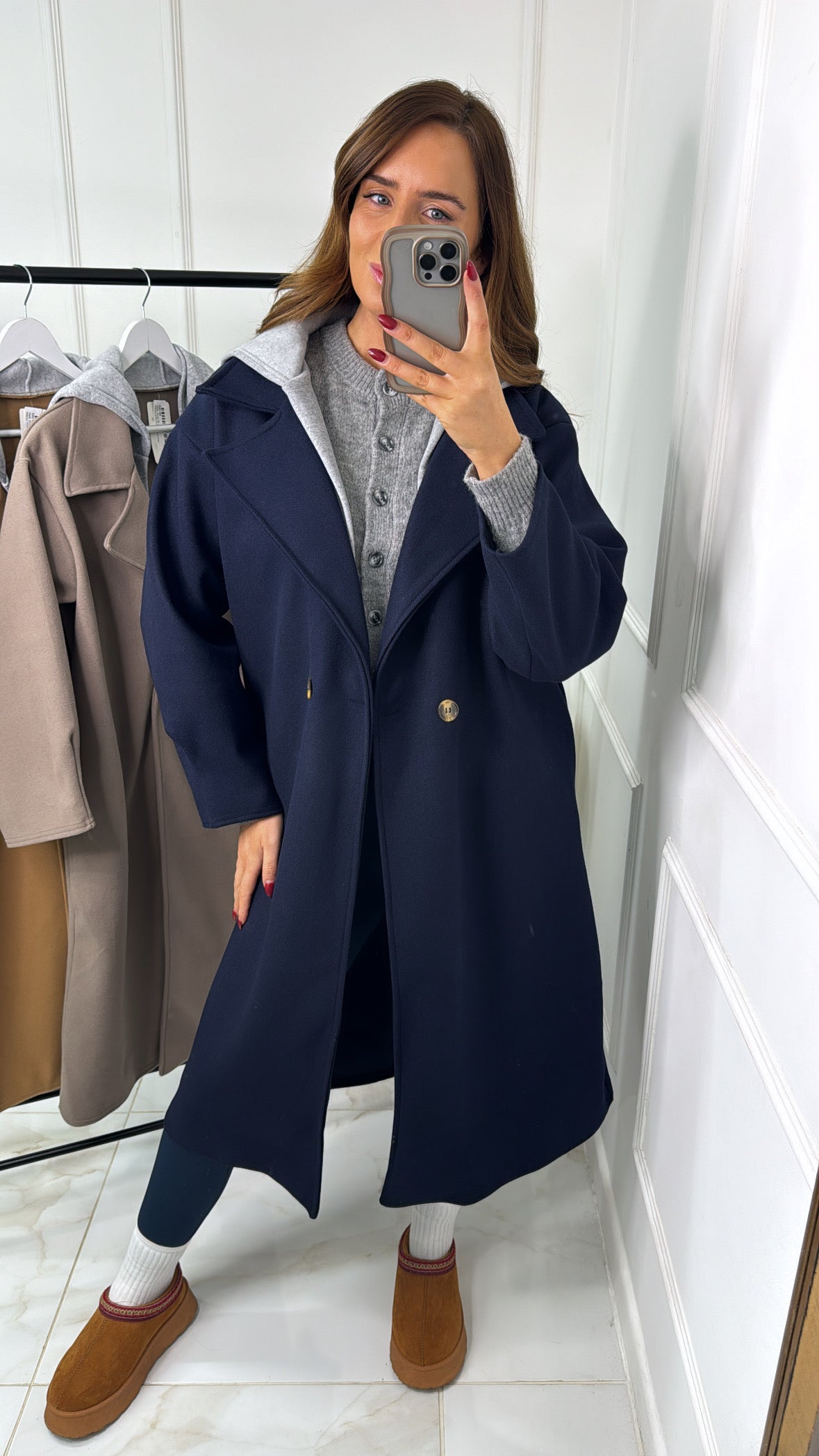 DARCEY navy hooded trench coat