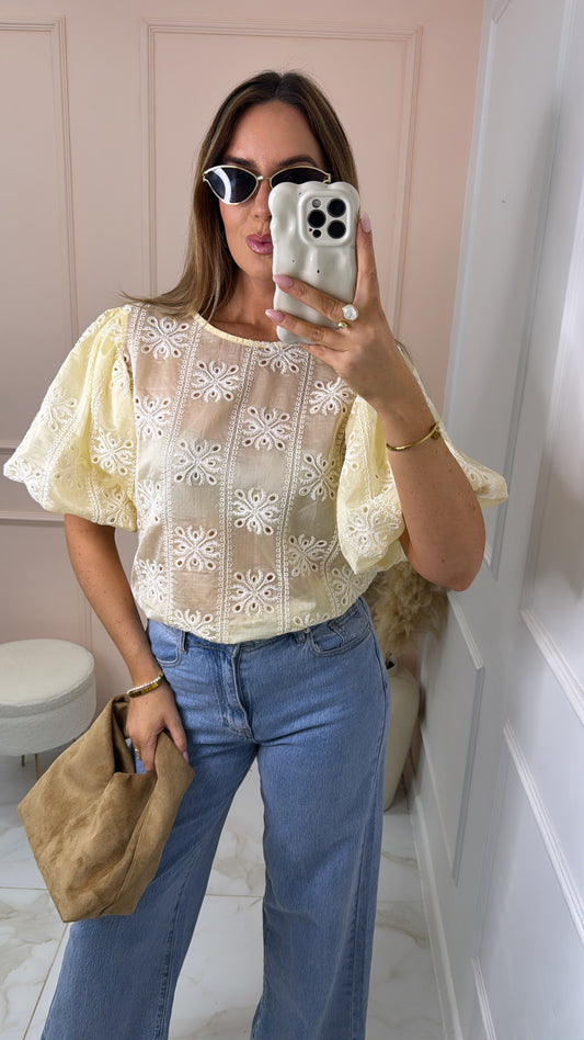 JONIE lemon embroidered puff sleeve top