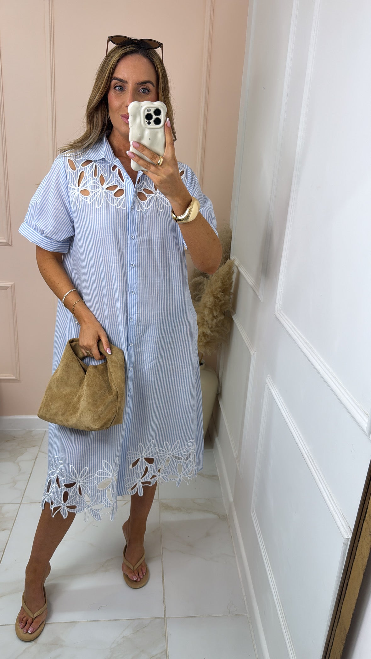 MARTHA blue pinstripe embroidered shirt dress
