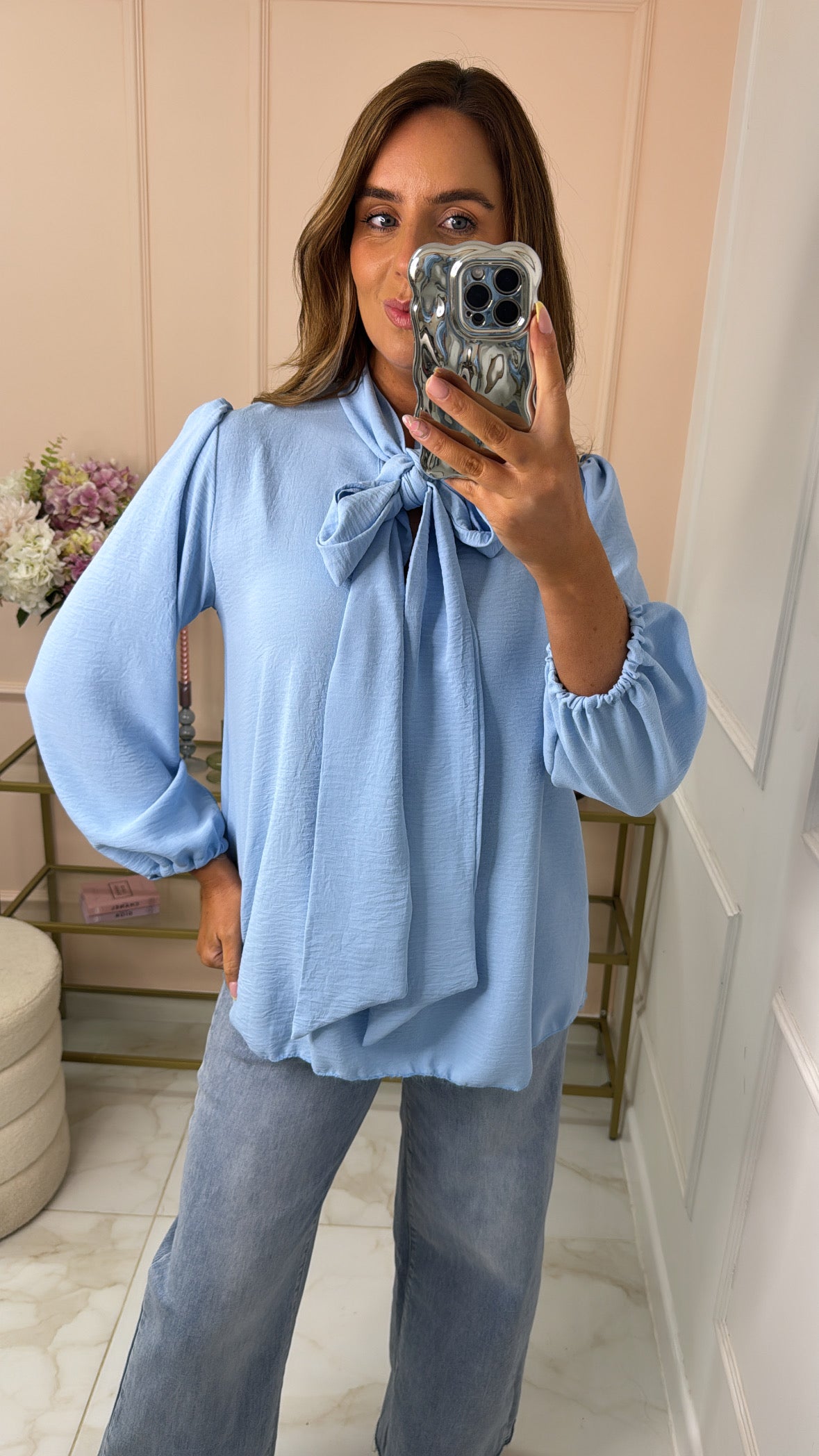 ROSIE powder blue bow tie blouse