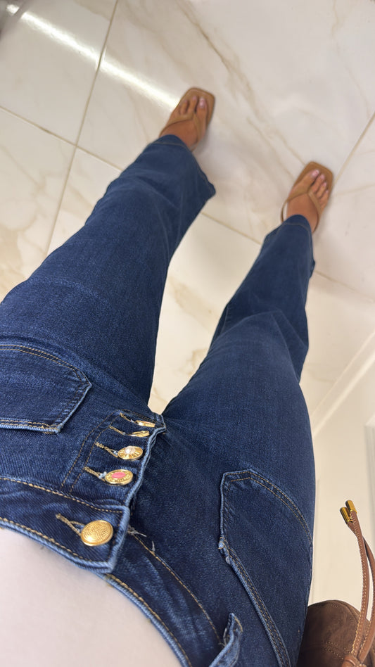 ELLIE dark wash button detail wide leg jeans