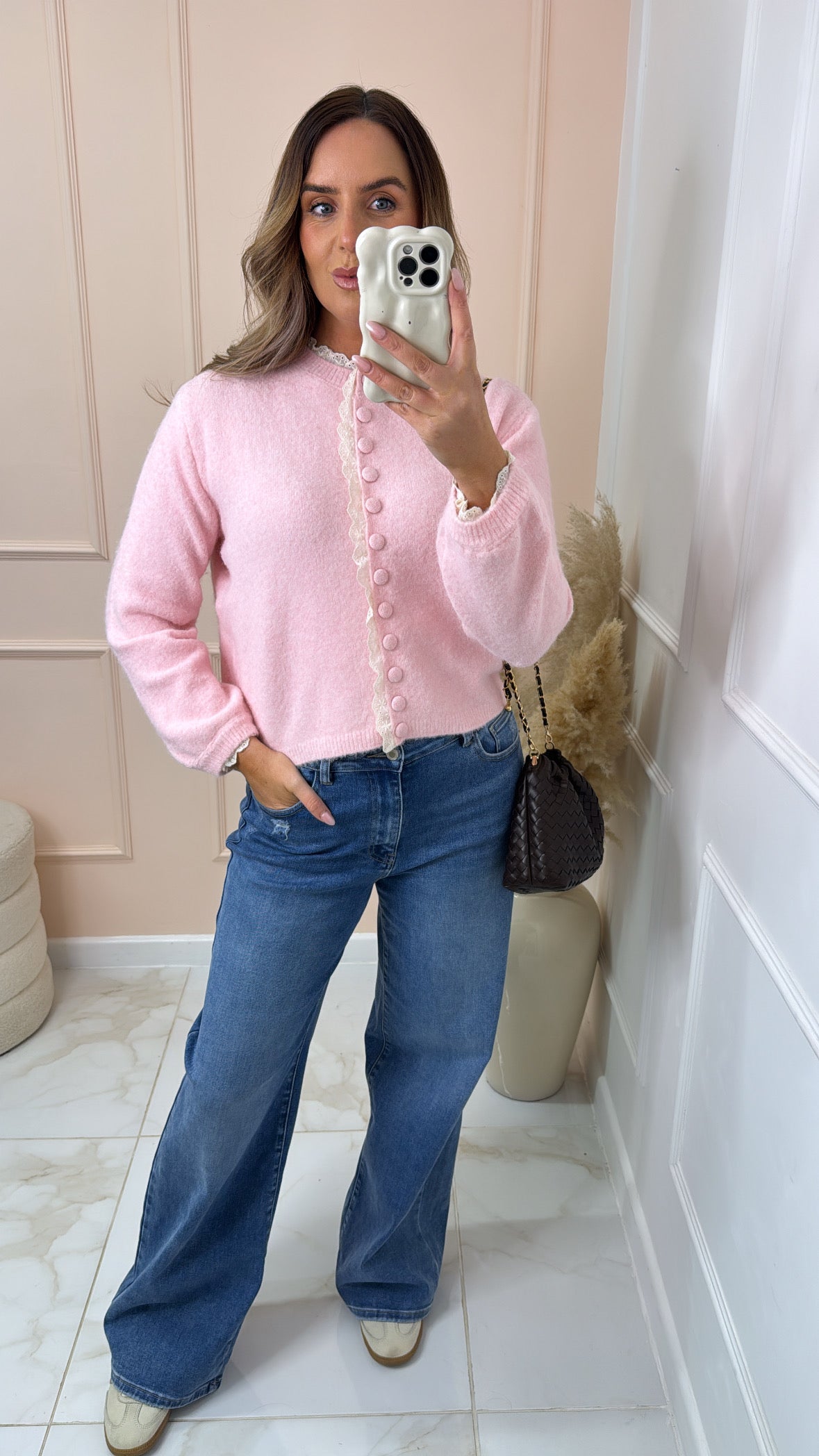 FINLEY pink broderie trim cardigan