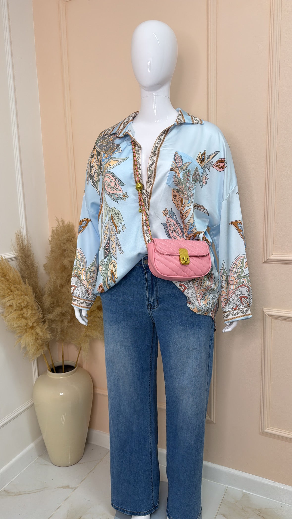 KIKI blue paisley embellished satin shirt
