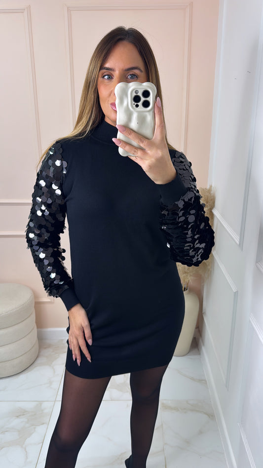 YASMIN black sequin sleeve jumper dress