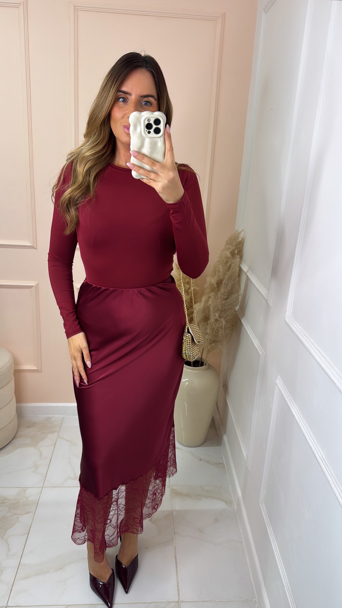 SHARNA burgundy satin lace midaxi skirt