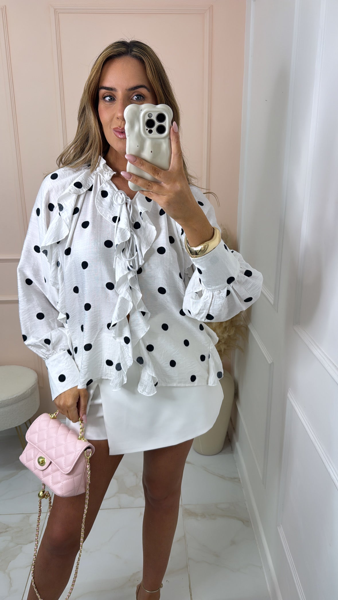CLEO white polka dot ruffle blouse