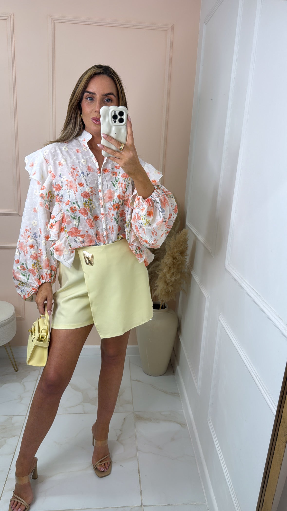 MARNIE peach floral ruffle embroidered blouse