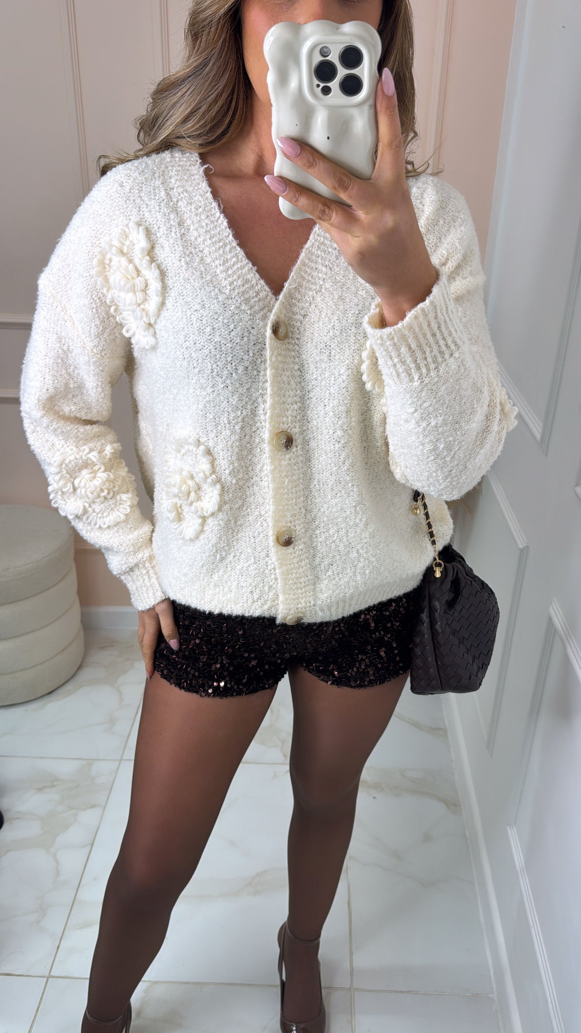 LIZZIE ivory soft knit flower cardigan