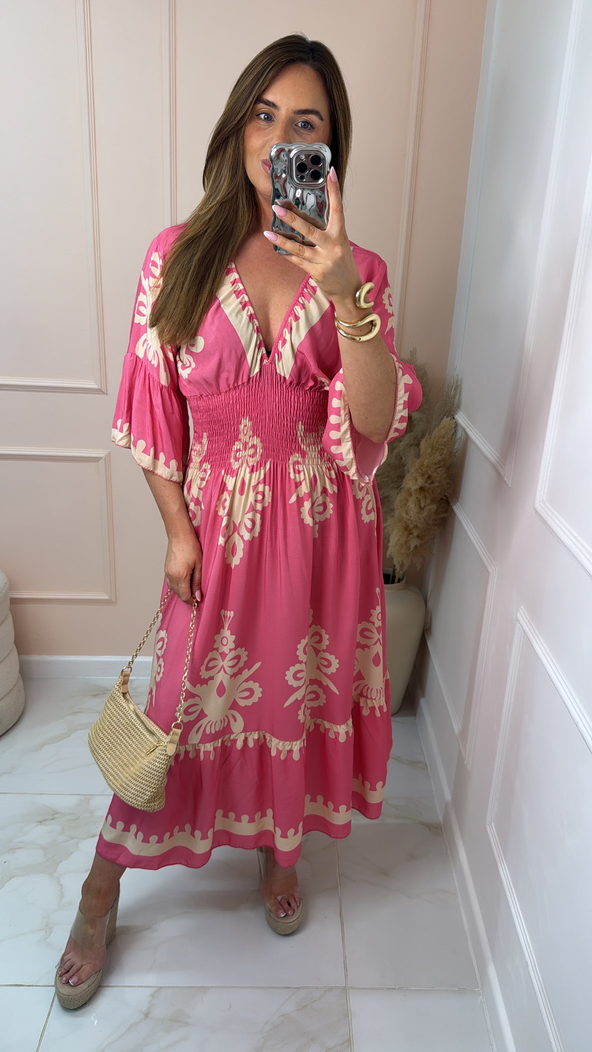 ELLIE pink printed shirred magic dress