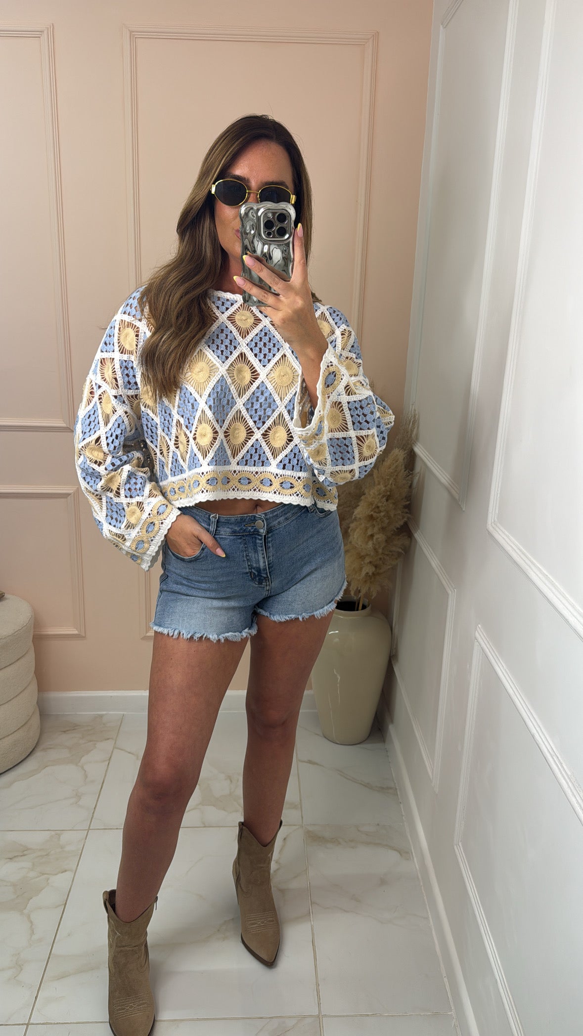 FRAN blue patterned crochet top