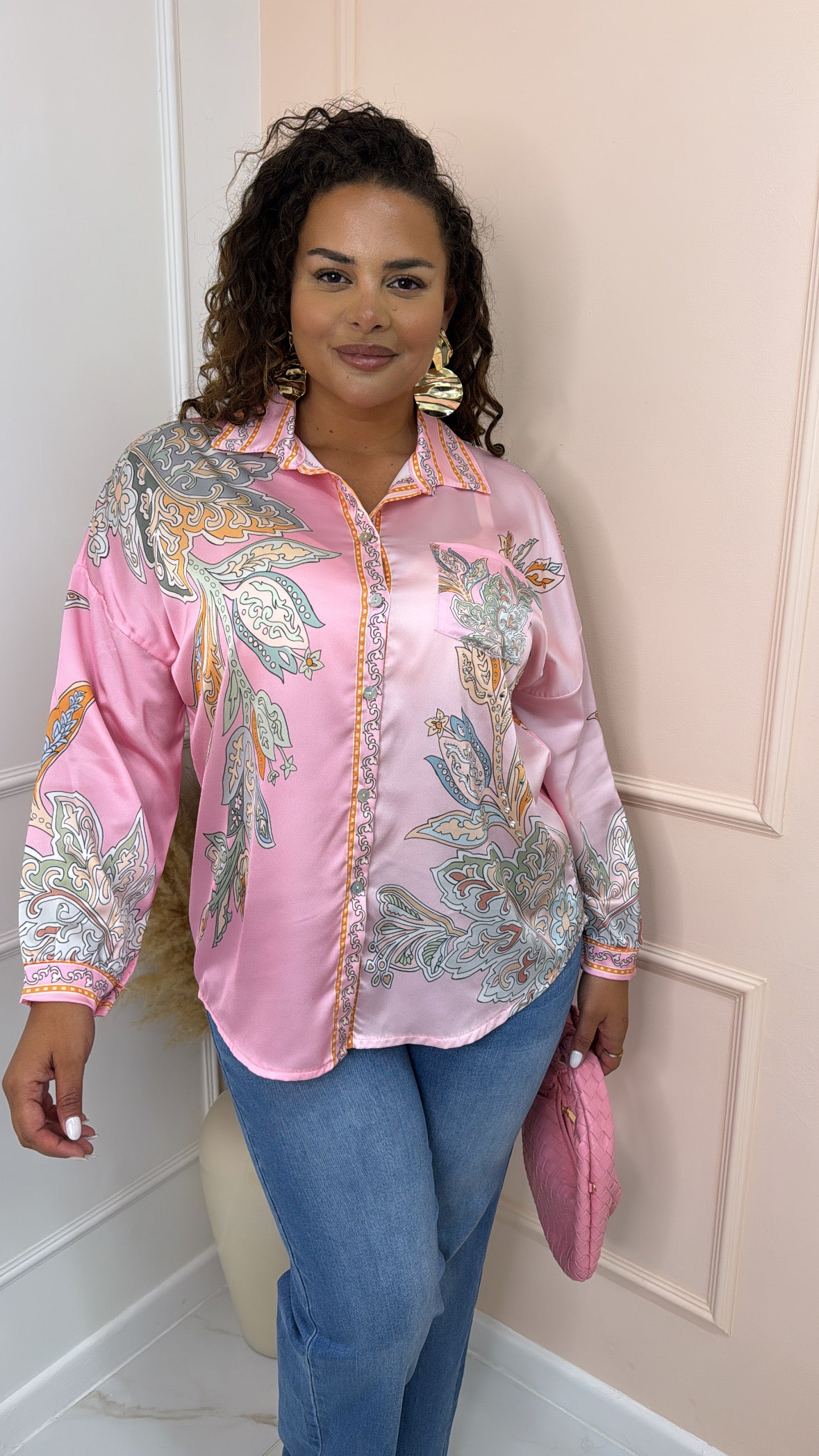 KIKI pink paisley embellished satin shirt