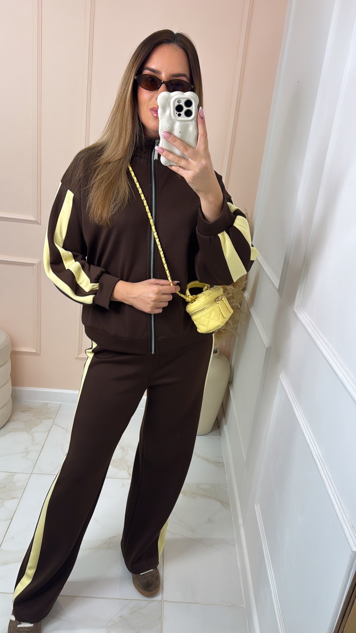 CONNIE brown funnel neck side stripe tracksuit