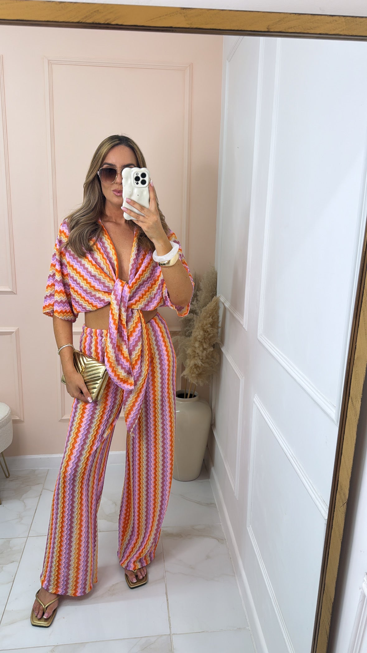 GEORGIA pink orange crochet tie front trouser set