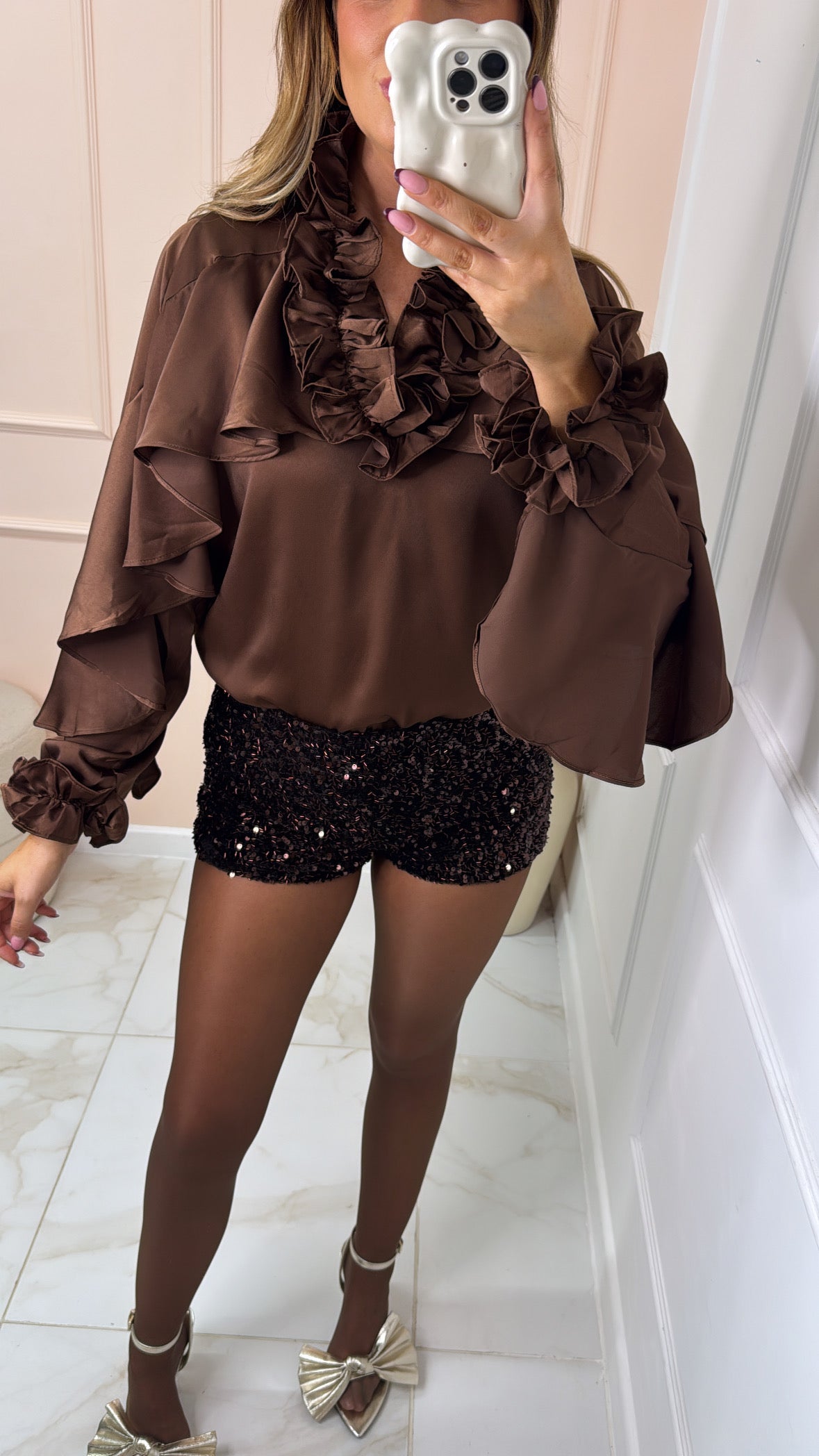 ARABELLA brown satin frill blouse