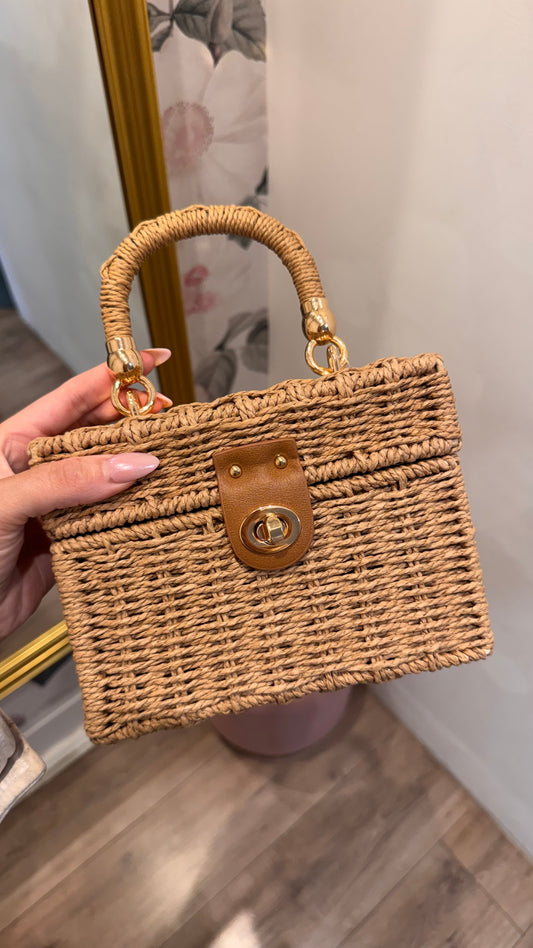 HALLIE taupe wicker box bag