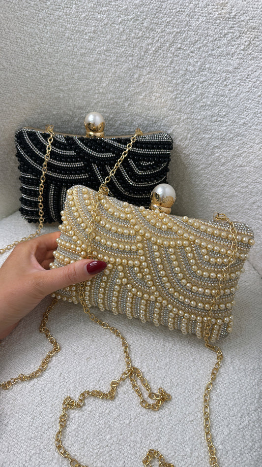 ANNABELLE gold pearl detail clutch bag