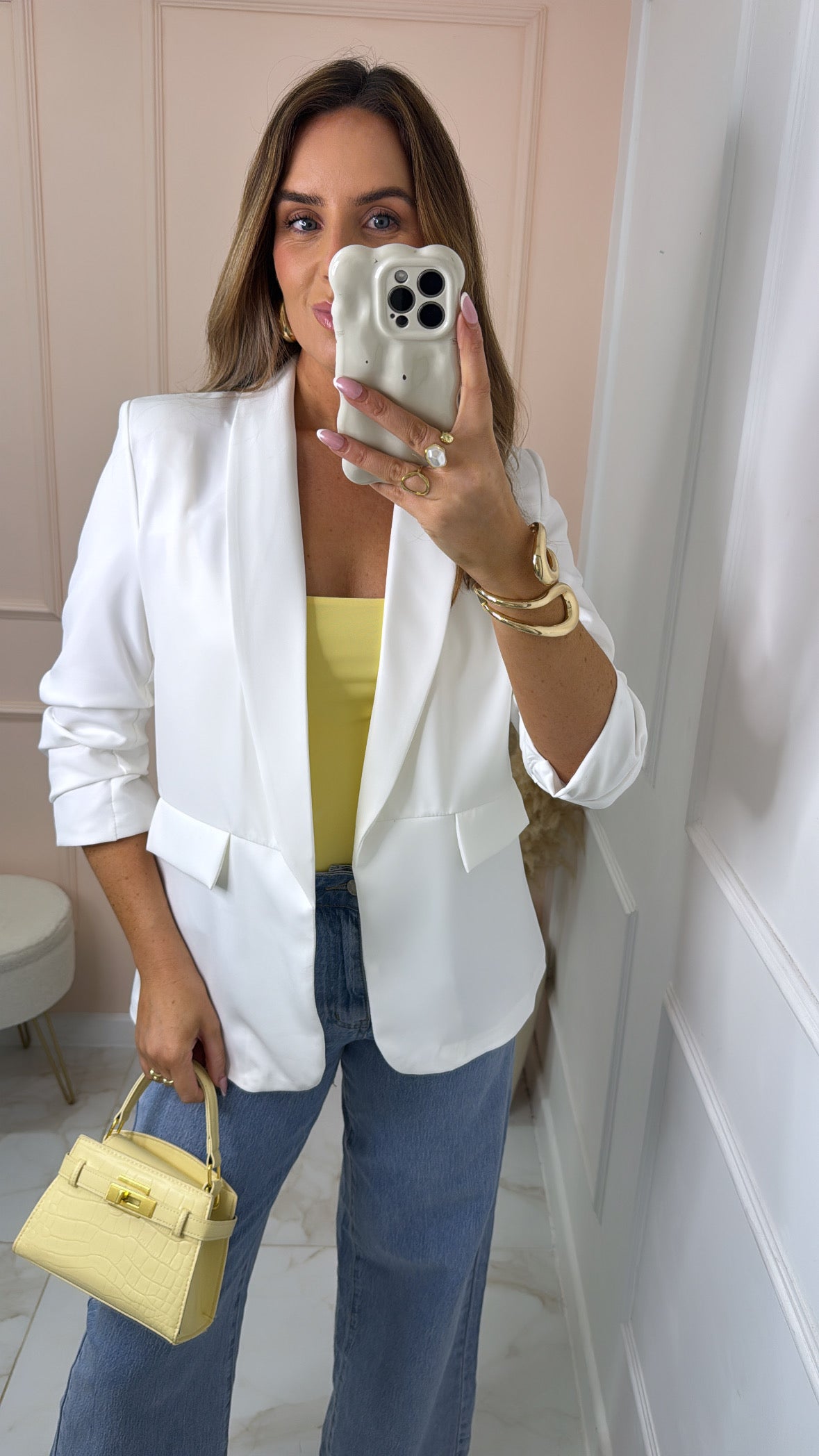 FREYA white ruched sleeve blazer