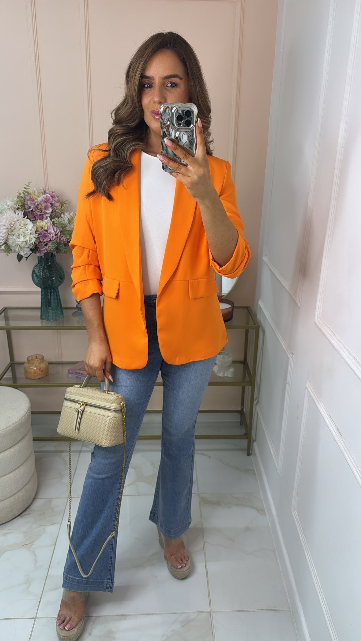 MAISIE orange ruched sleeve blazer