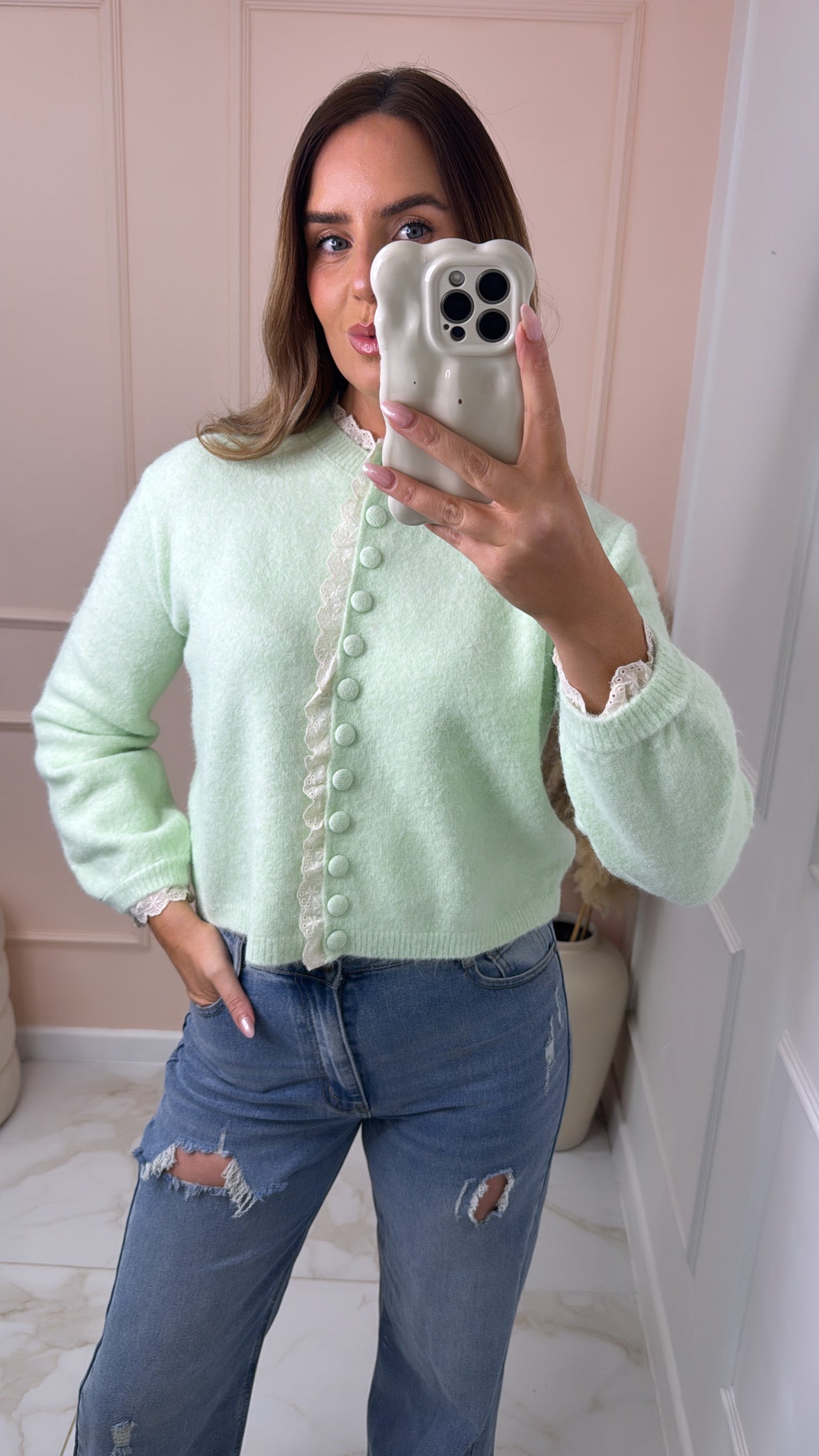 FINLEY mint broderie trim cardigan