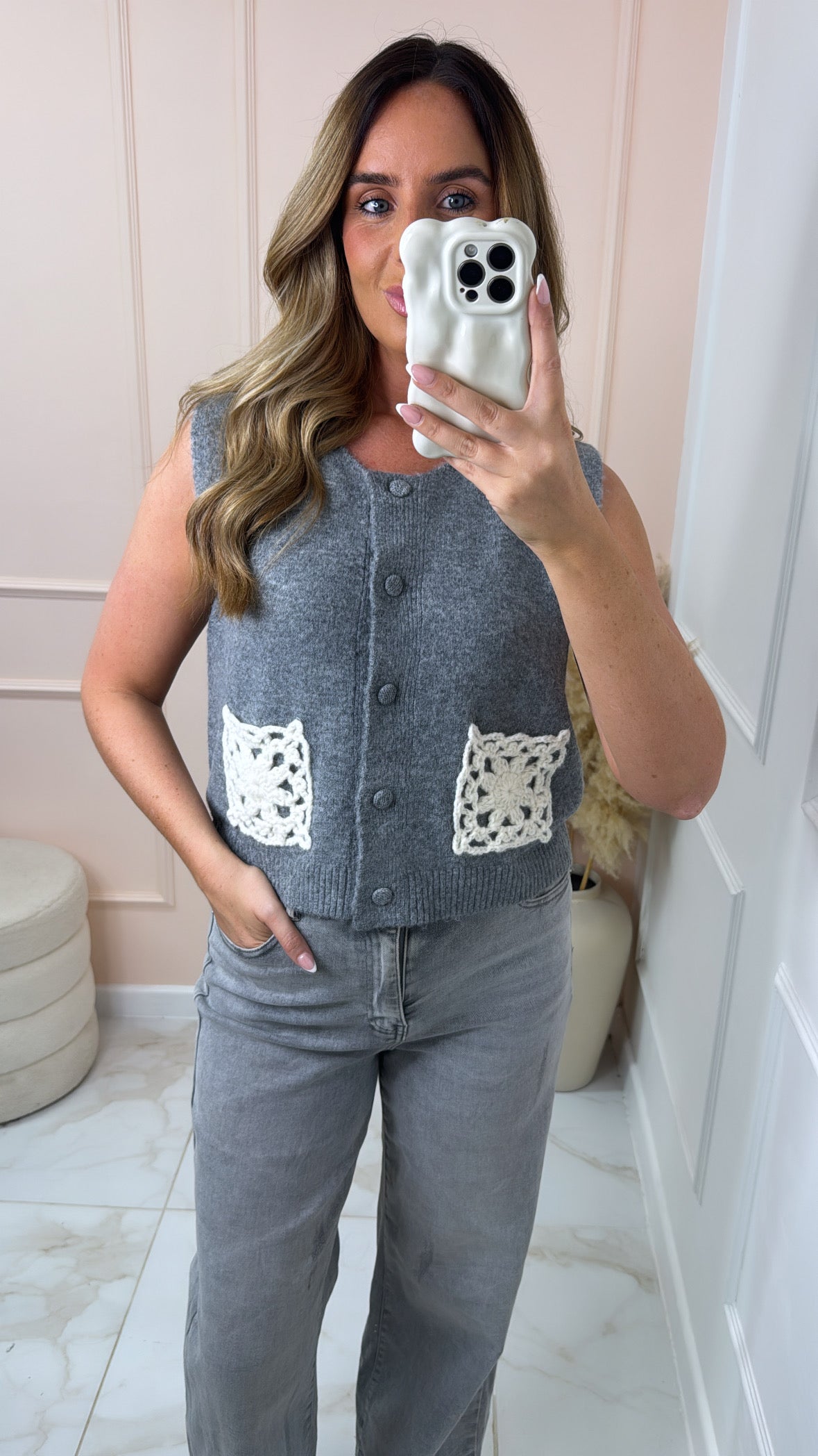 LAUREN grey crochet pocket knit tank top