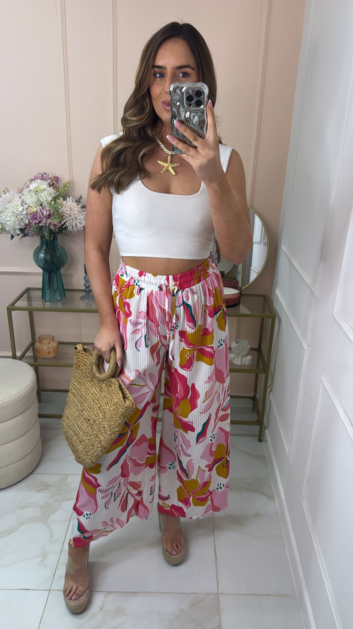 LEAH pink floral print pleated trouser