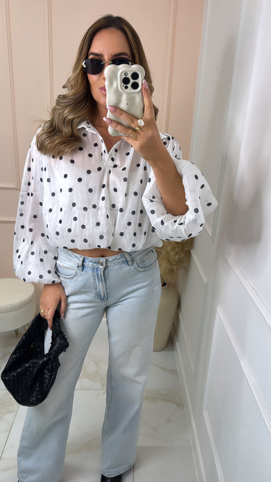 POPPY white polka dot bubble hem blouse