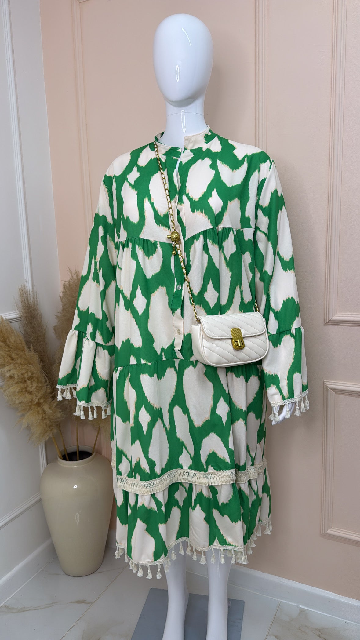 SADIE green printed tassel smock dress