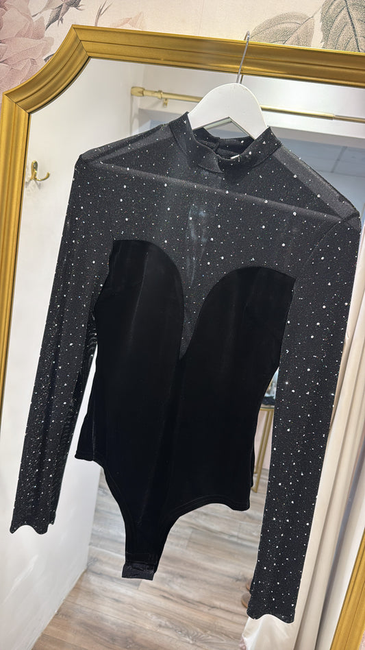 LEONA black velvet studded mesh bodysuit