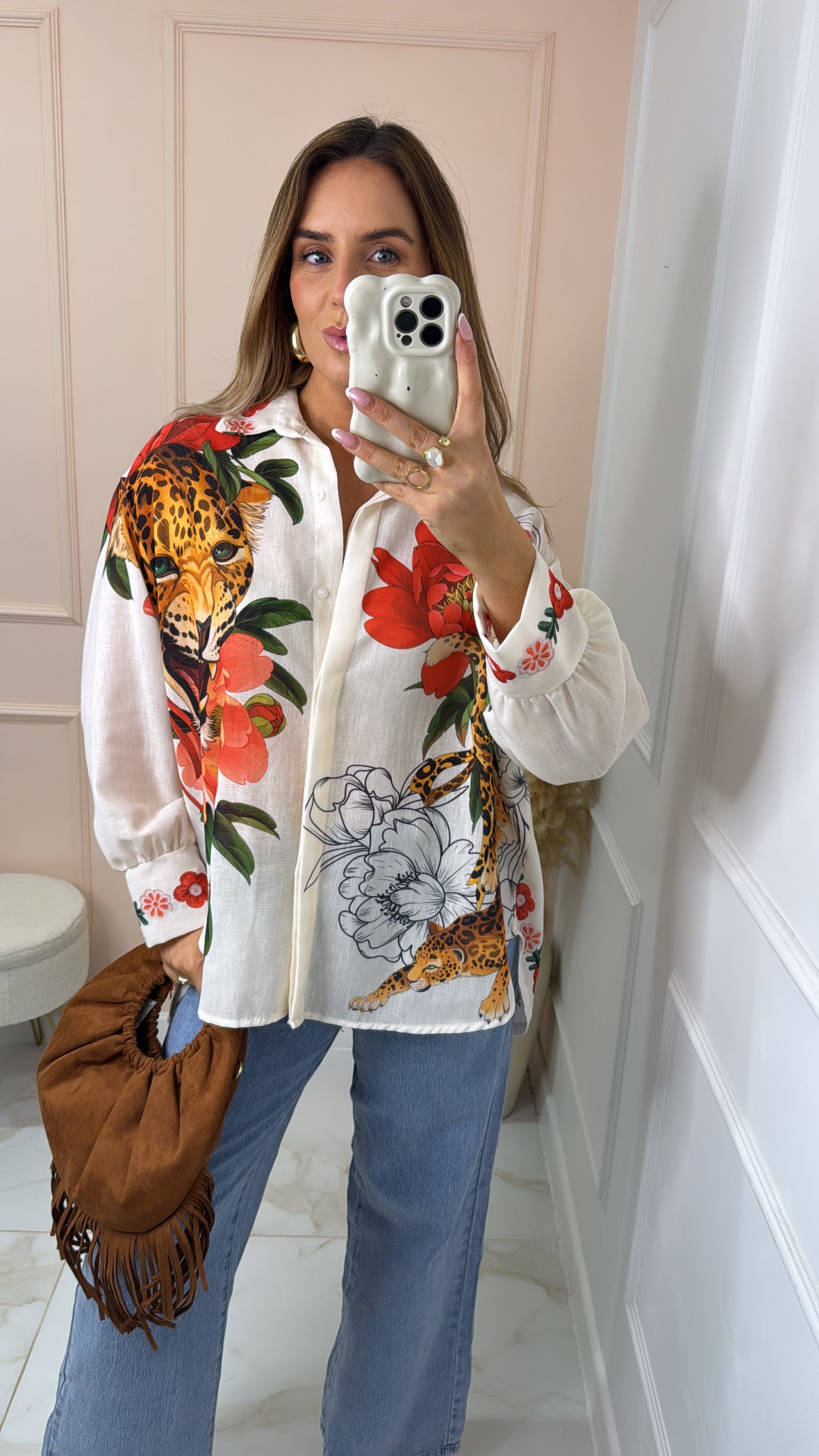 PHOEBE white floral tiger print shirt