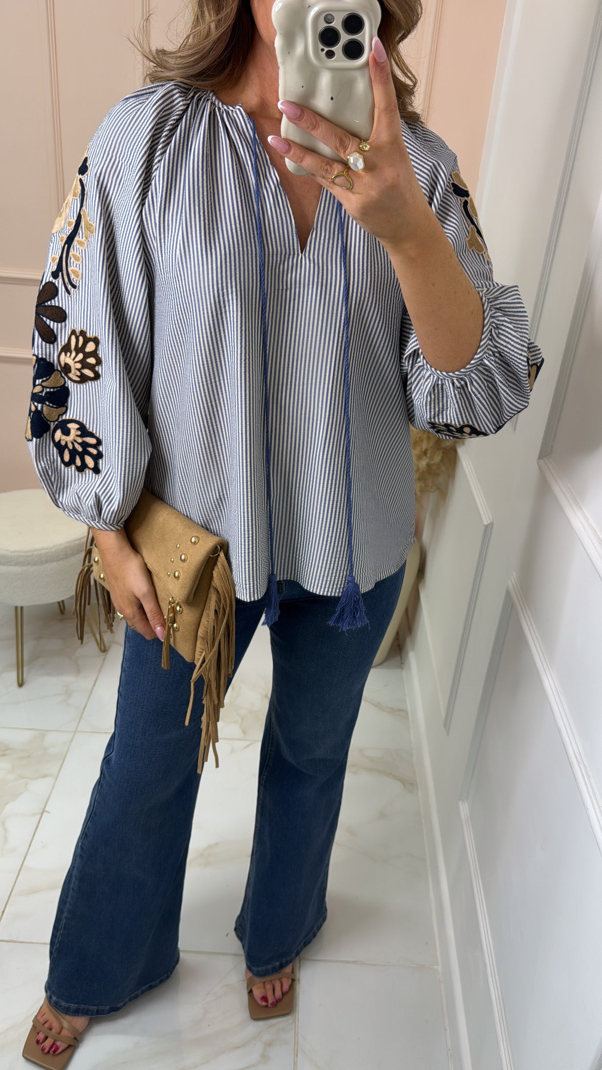 EMMA blue floral embroidered boho blouse