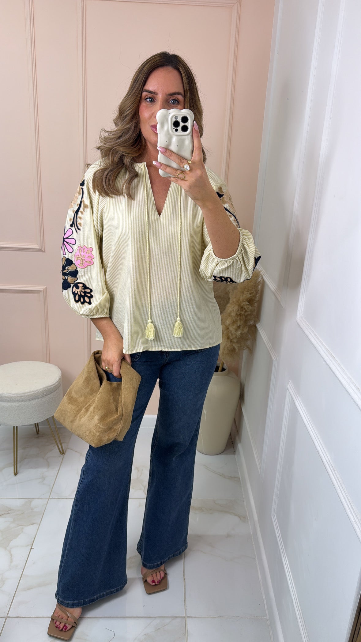 EMMA beige floral embroidered boho blouse