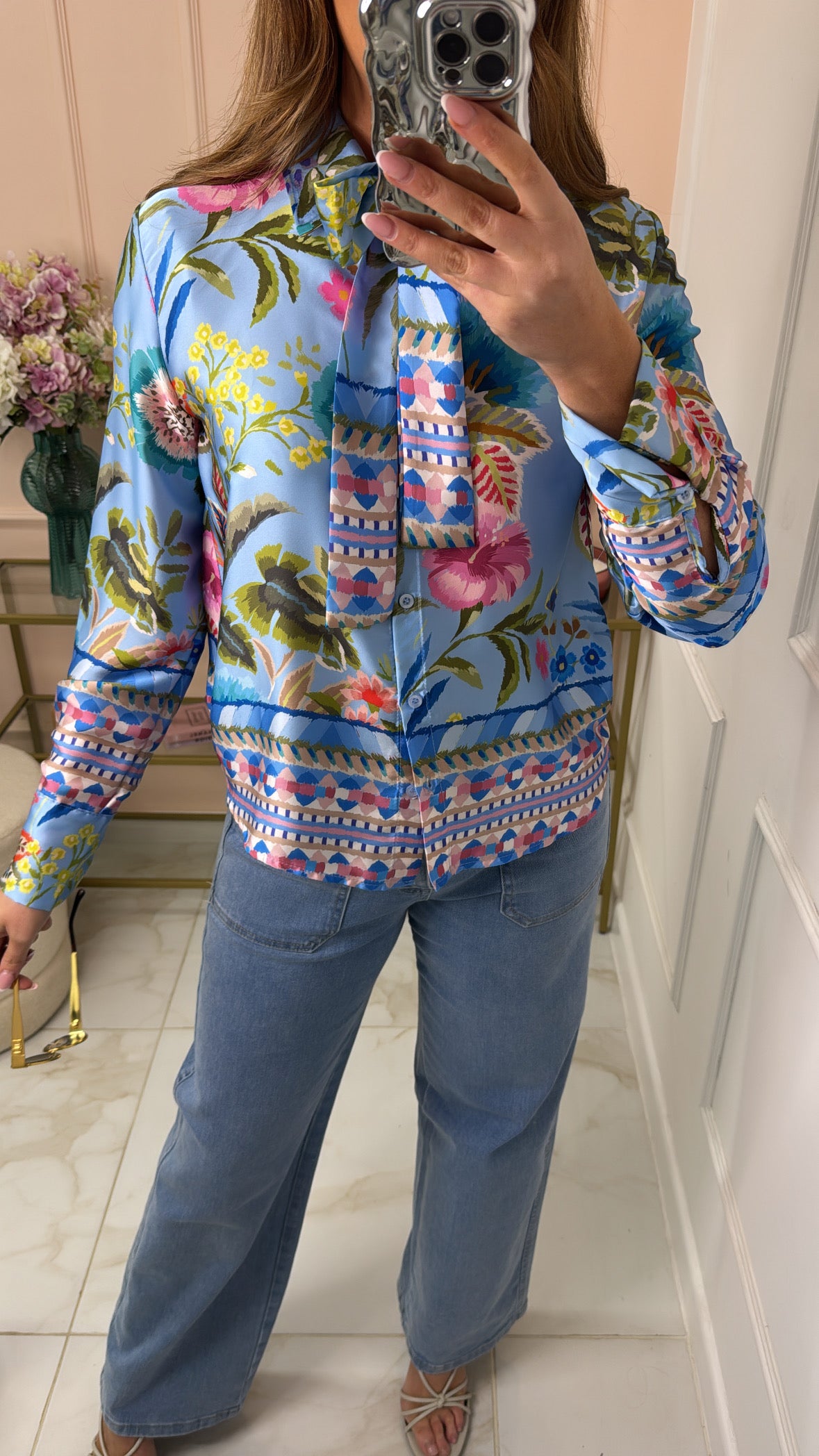FLORENCE blue floral satin tie blouse