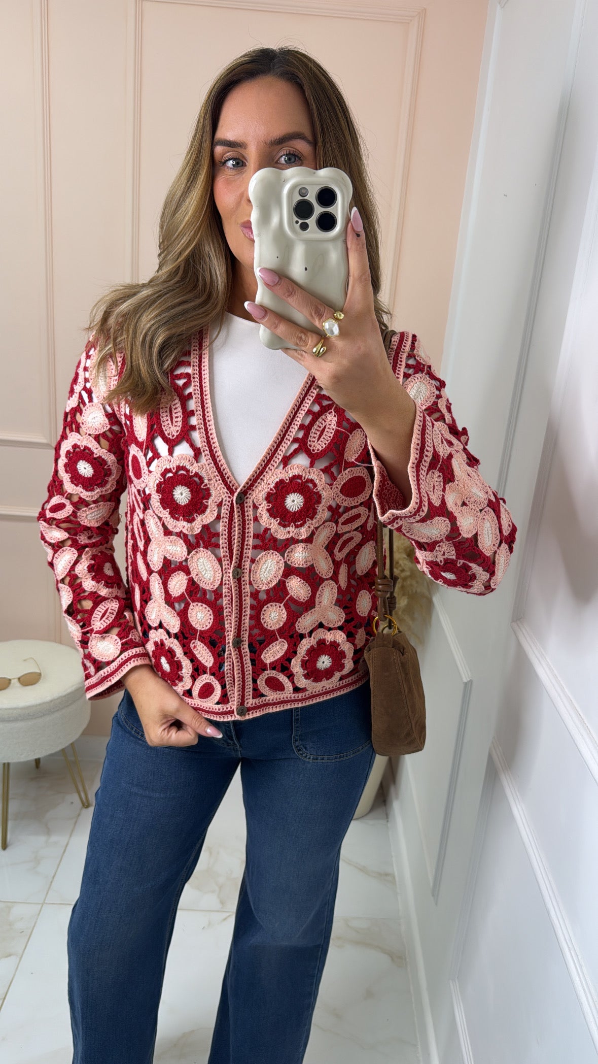 ROSIE pink & red floral crochet cardigan