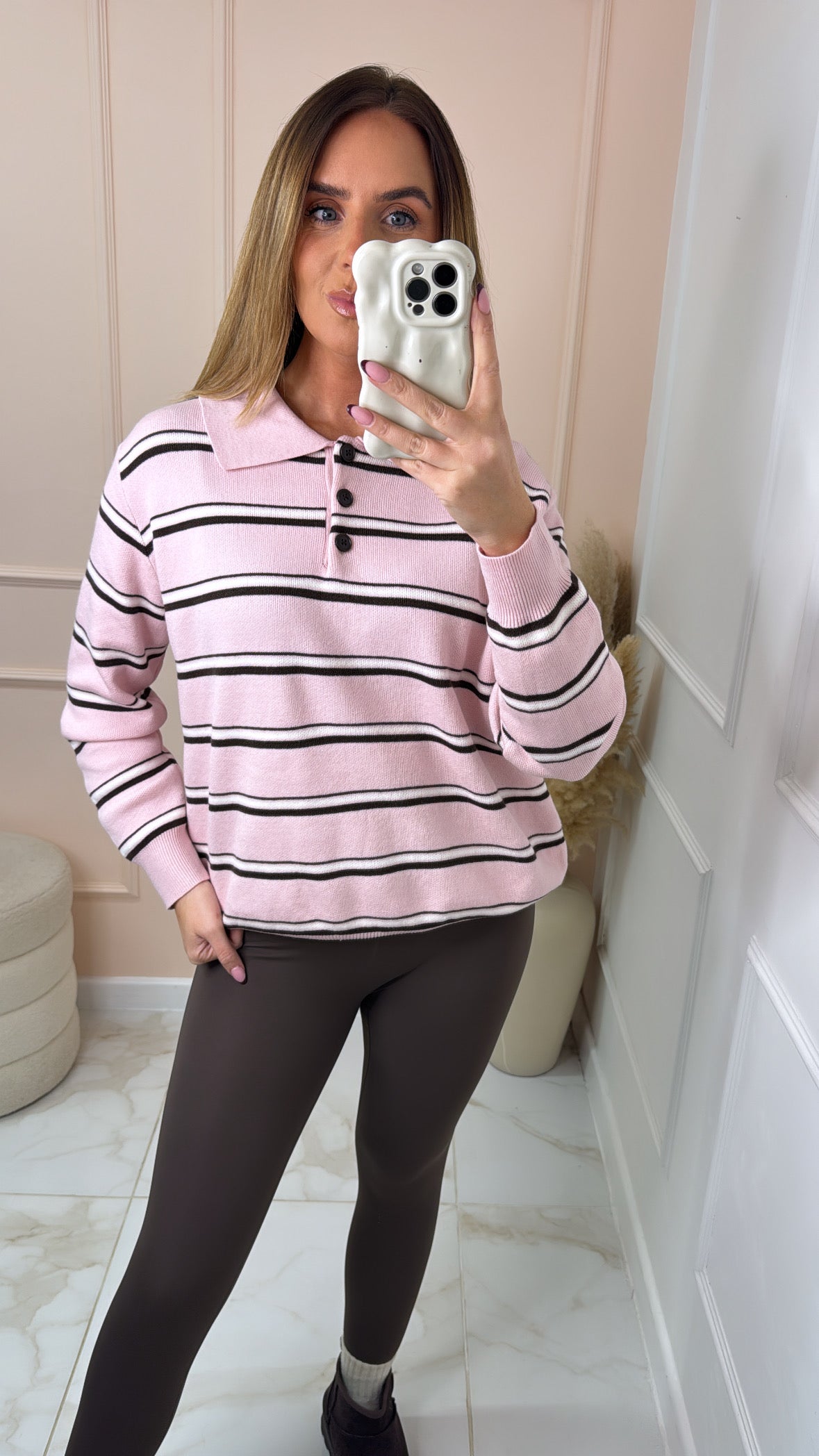 BETH pink striped knit collared jumper