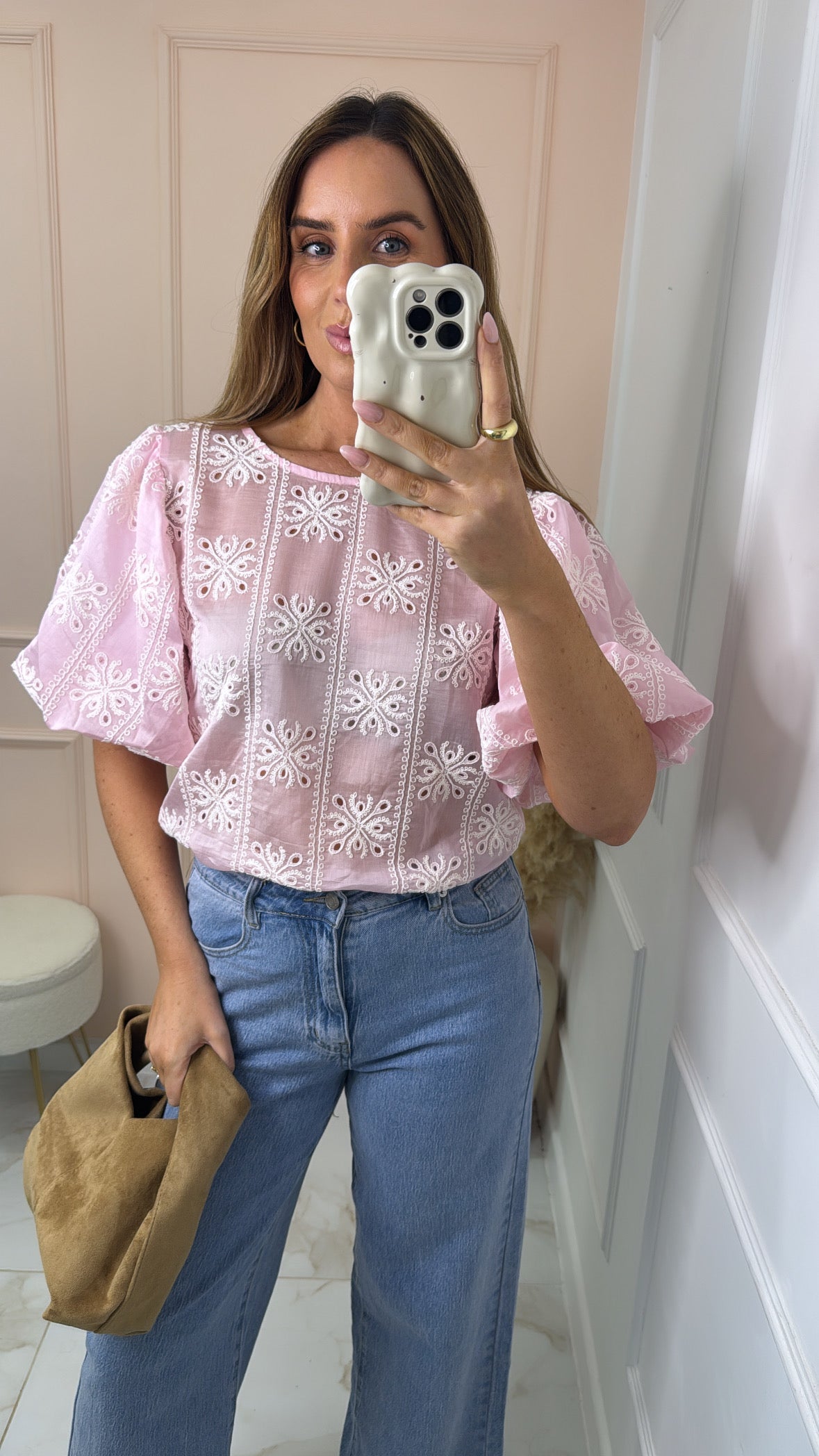 JONIE pink embroidered puff sleeve top