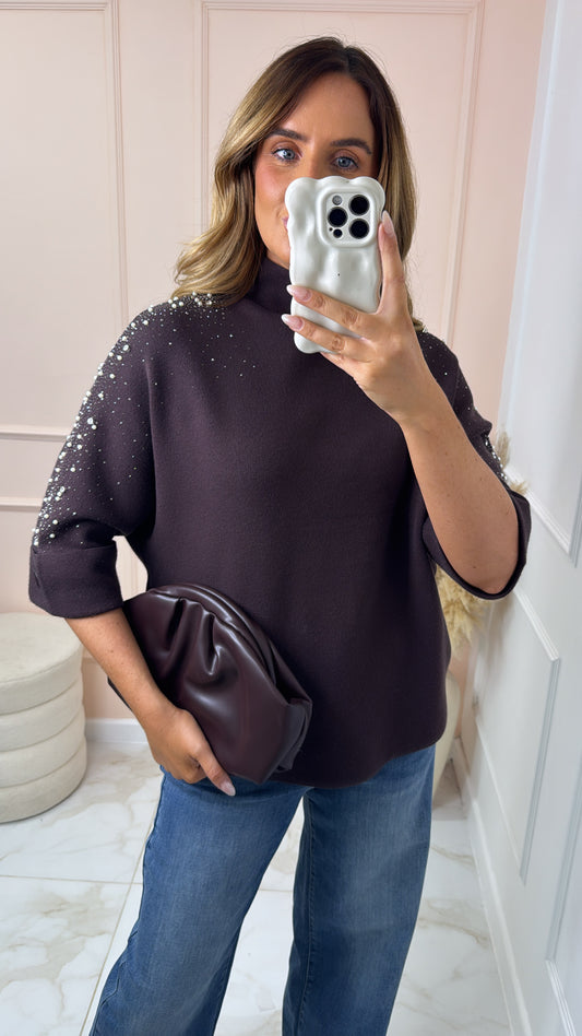 ALICE brown embellished knit top