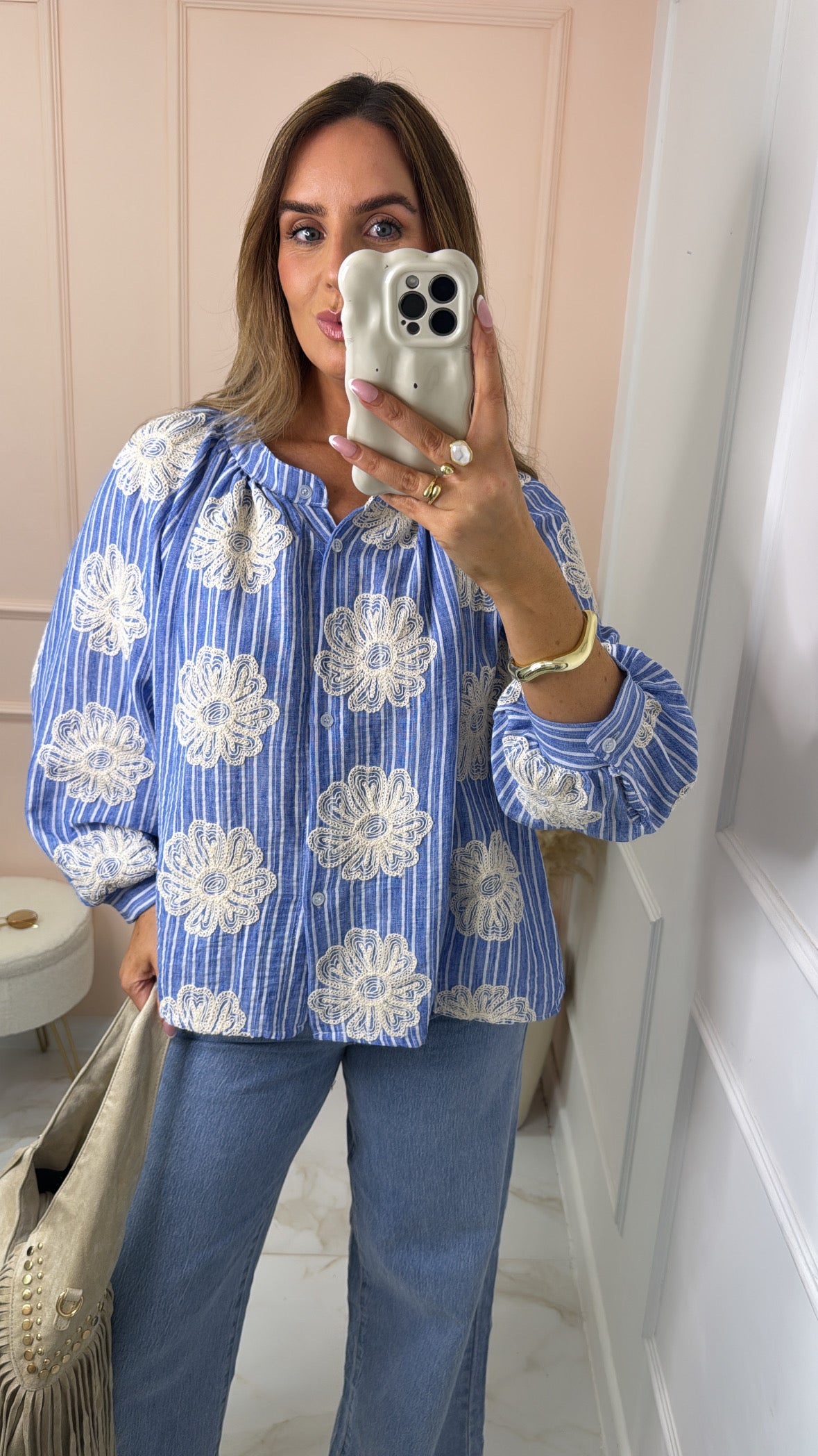 EVELYN blue floral embroidered blouse